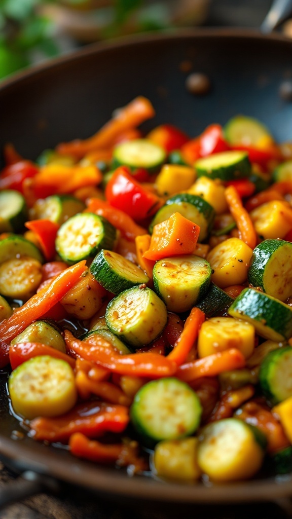 Fresh zucchini and bell pepper stir-fry in a skillet.