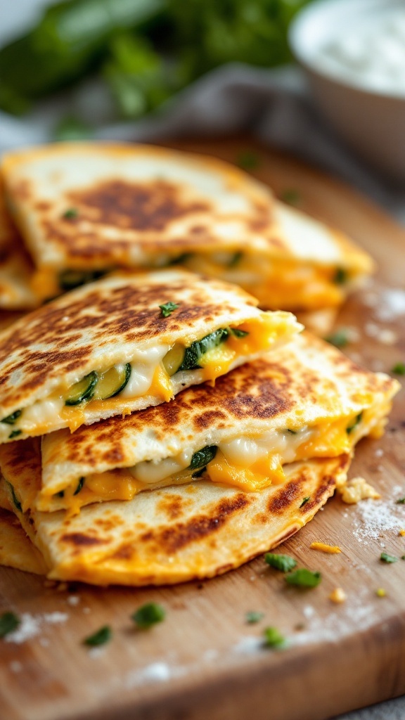 Delicious zucchini and cheese quesadillas stacked on a wooden board.