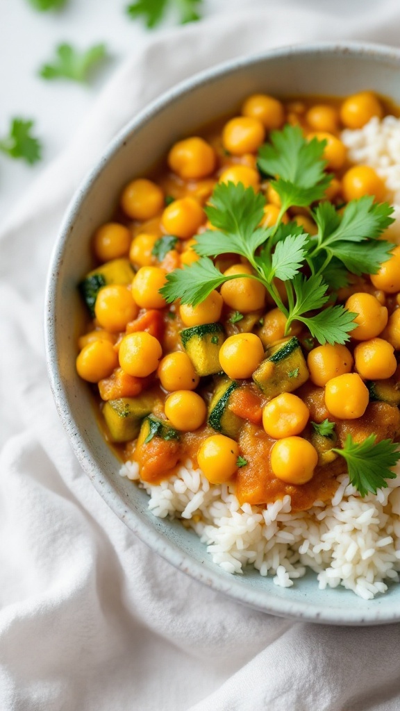 A bowl of zucchini and chickpea curry served over rice with a garnish of cilantro.