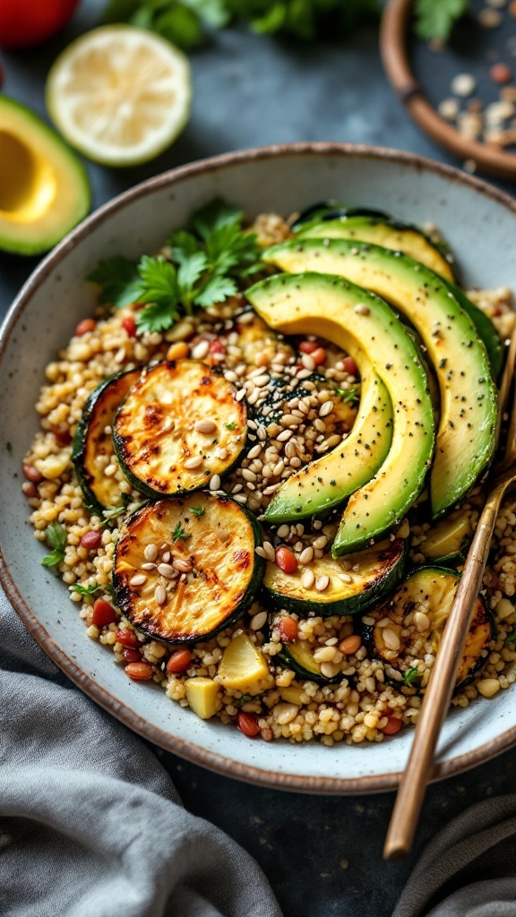 A bowl of zucchini and quinoa with avocado slices and pine nuts