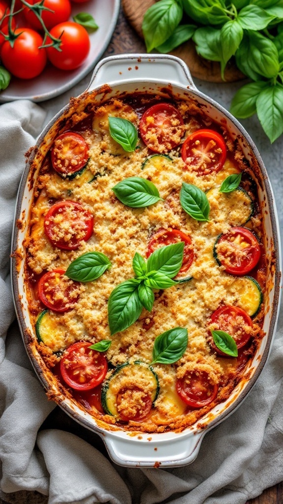 A delicious zucchini and tomato gratin dish topped with fresh basil.