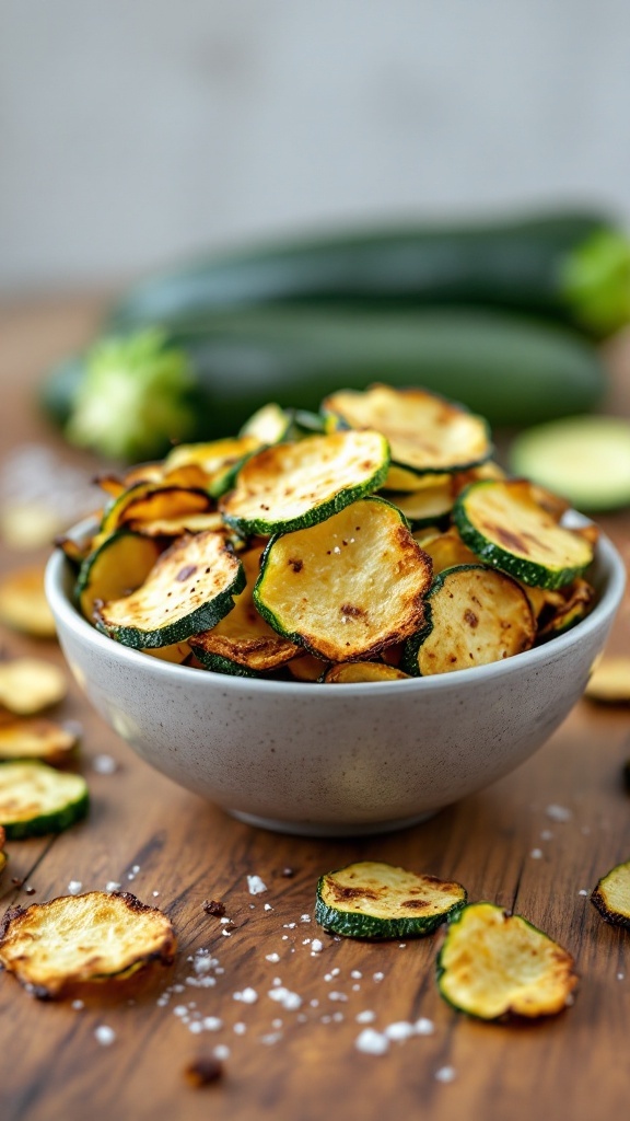 A bowl of crispy zucchini chips sprinkled with sea salt on a wooden surface.