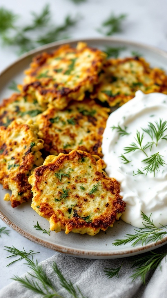 Crispy zucchini fritters served with a yogurt dip and garnished with fresh herbs.