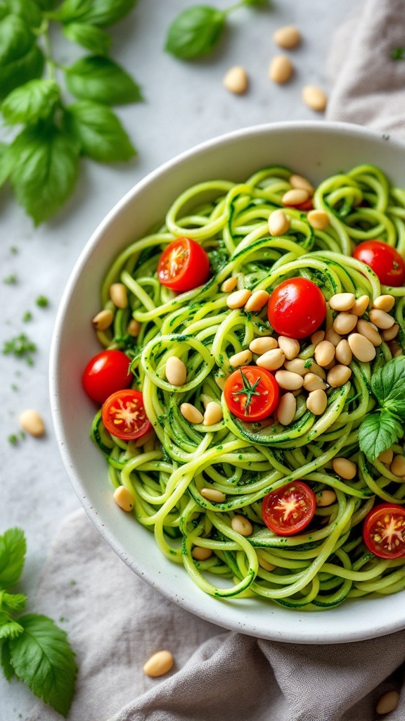 Bowl of zucchini noodles topped with pesto sauce, cherry tomatoes, and pine nuts.