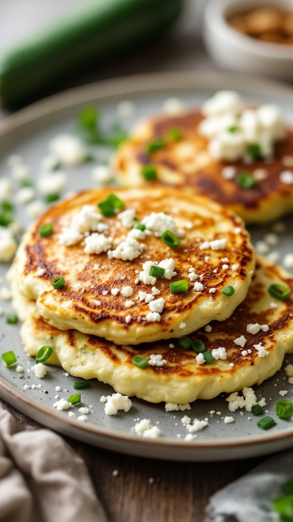 Zucchini pancakes topped with feta and green onions on a plate