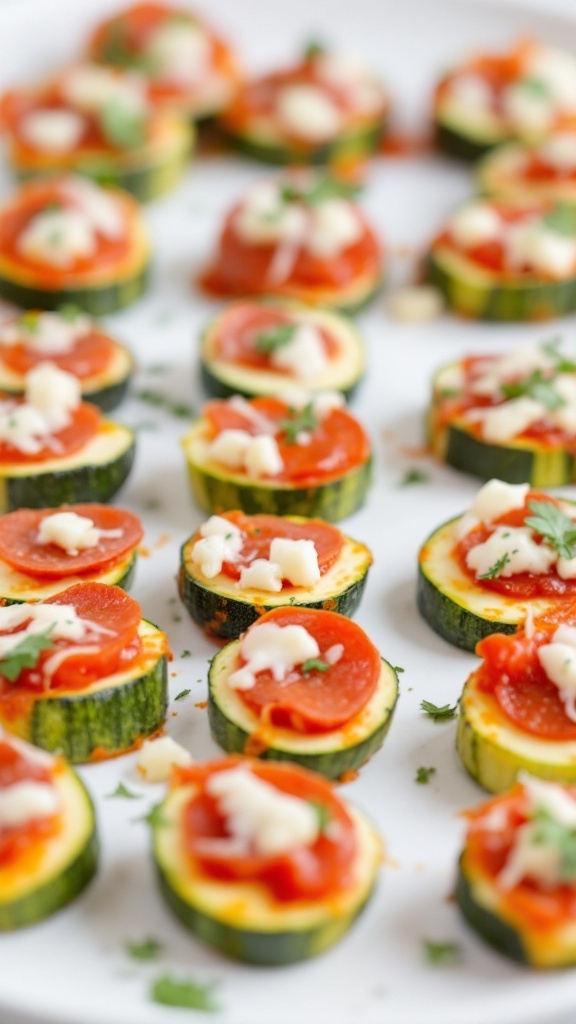 Delicious zucchini pizza bites topped with marinara sauce, cheese, and pepperoni.