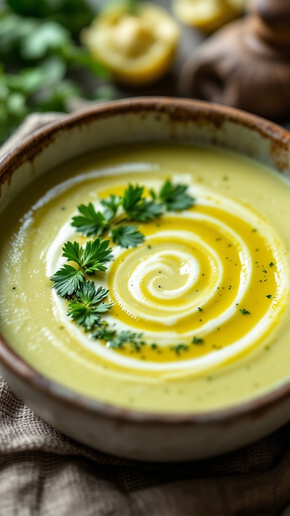 A bowl of creamy zucchini soup garnished with fresh herbs.