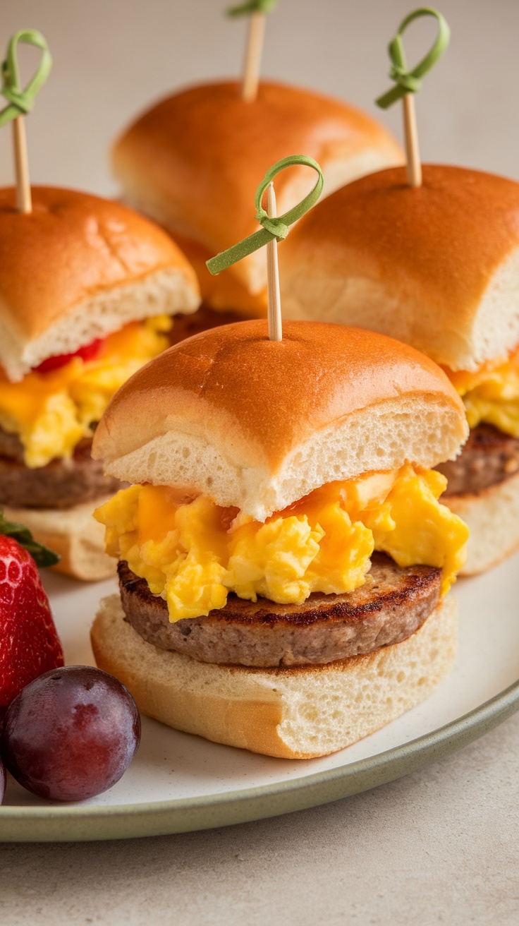 A plate of breakfast sliders with scrambled eggs, sausage, and cheese on soft buns.