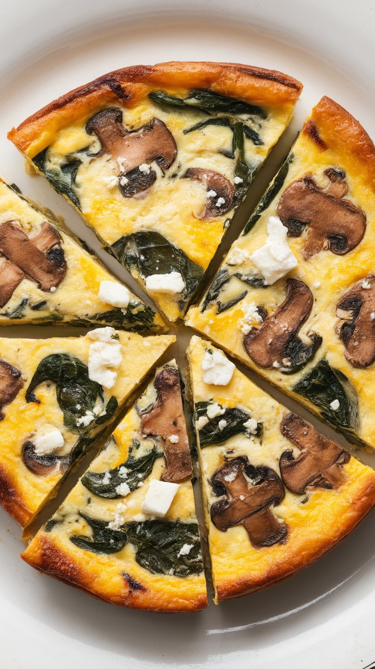 A delicious mushroom and spinach frittata sliced into wedges, showcasing its vibrant colors and textures.