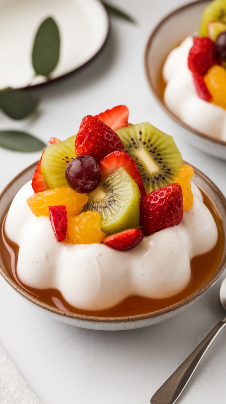 A bowl of almond jelly topped with sliced strawberries, kiwi, grapes, and orange segments.