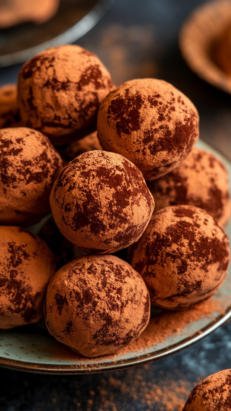 A close-up of Baileys Irish Cream chocolate truffles coated in cocoa powder