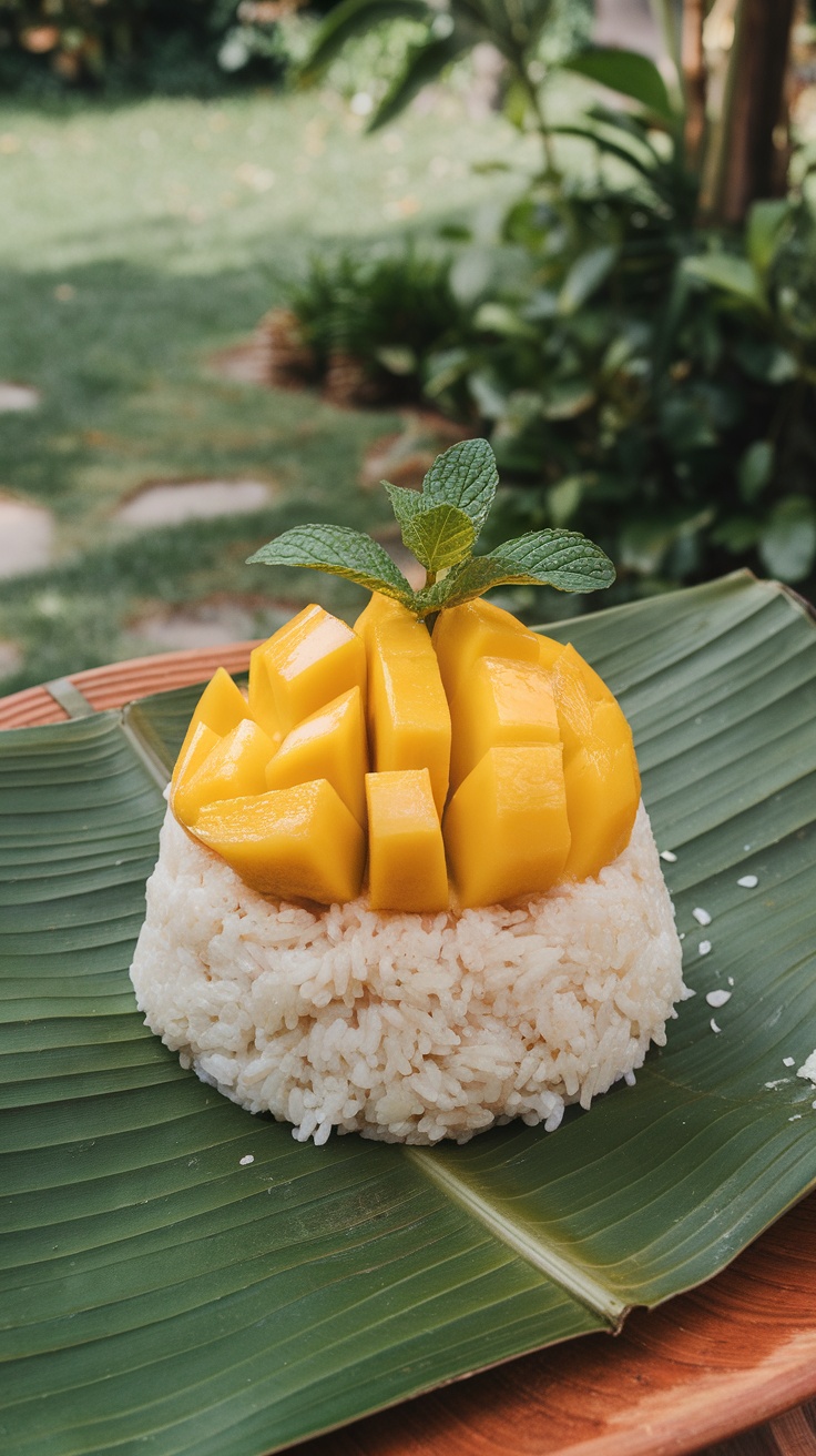 A serving of coconut sticky rice topped with mango slices and a mint leaf, presented on a banana leaf.