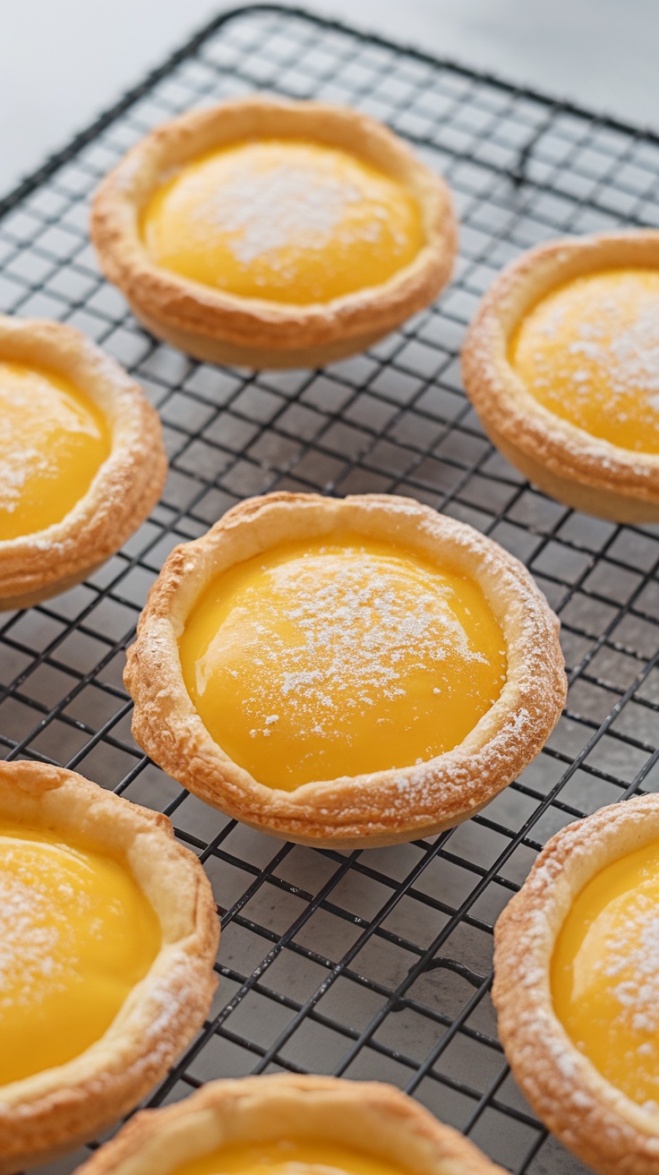 Delicious egg tarts with a flaky crust and creamy yellow filling on a cooling rack.