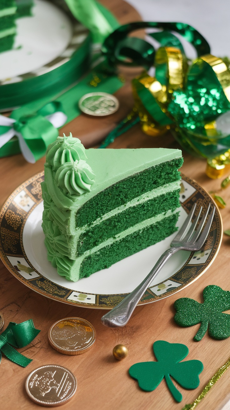 A slice of green velvet cake with cream cheese frosting on a decorative plate, surrounded by St. Patrick's Day decorations.