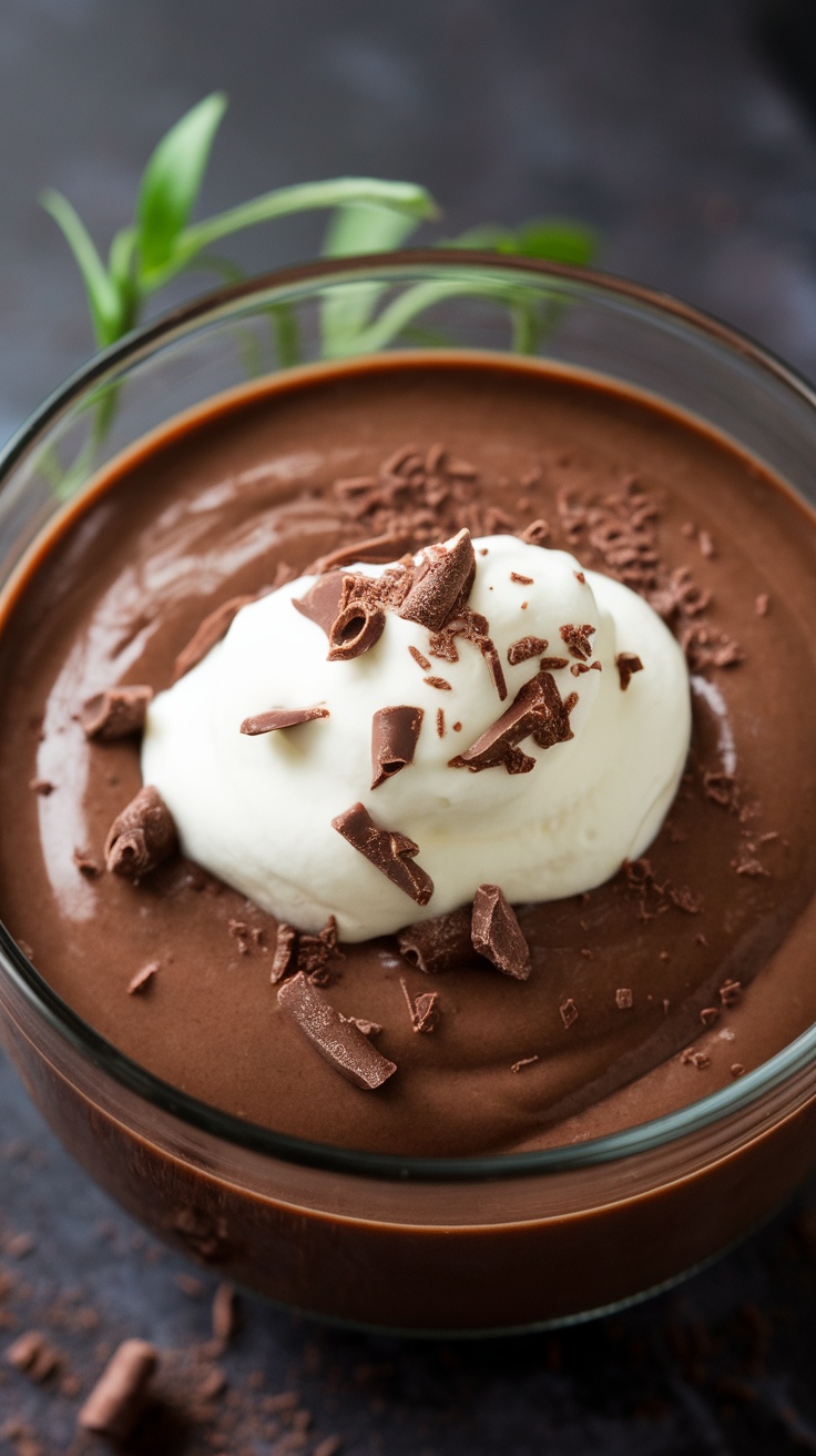 A creamy chocolate pudding topped with whipped cream and chocolate shavings in a glass bowl.