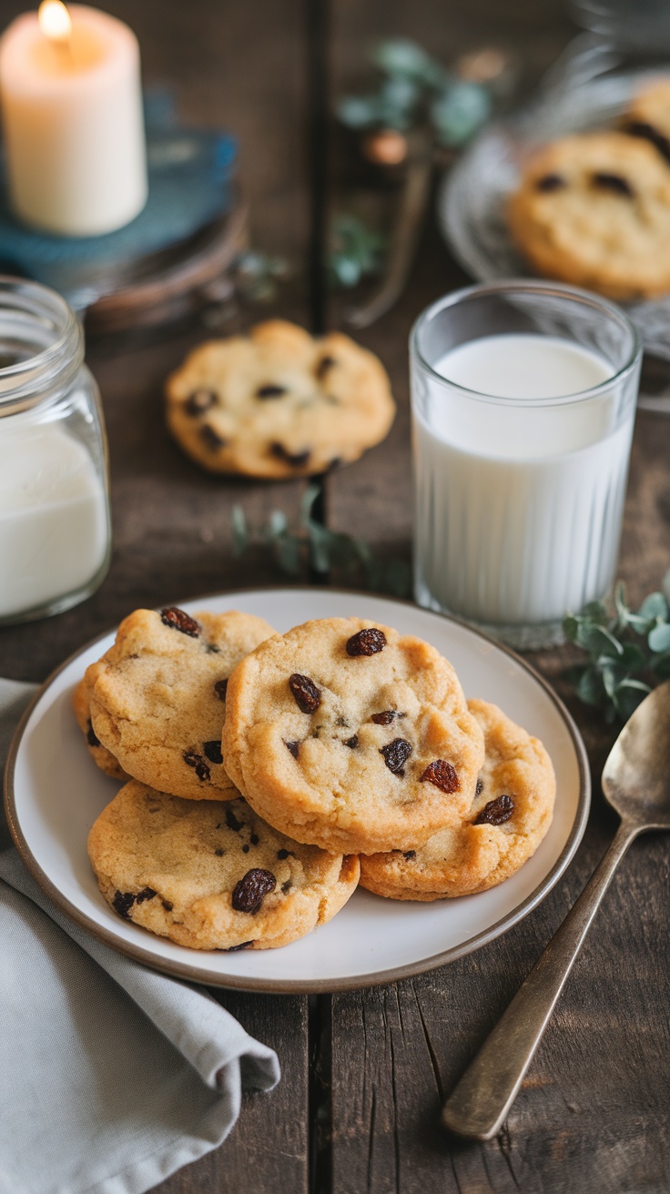 Plate of Irish soda bread cookies with raisins, a glass of milk, and a candle in the background.