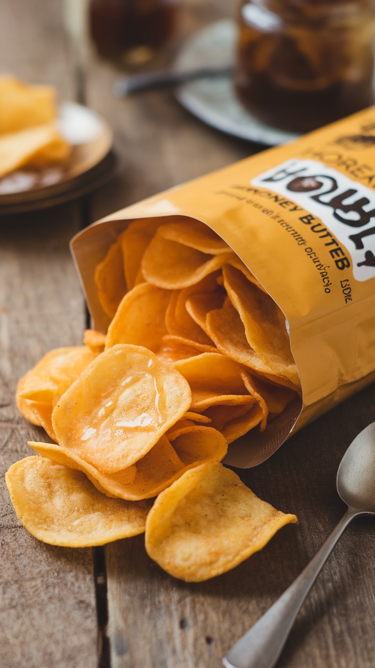 A close-up of Korean Honey Butter Chips spilling out of a bag on a wooden table.