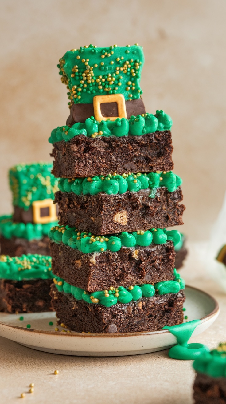 A stack of leprechaun hat brownies decorated with green frosting and a chocolate hat.