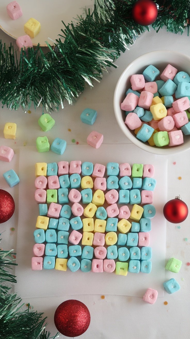A colorful display of Lucky Charms marshmallow treats with festive decorations.