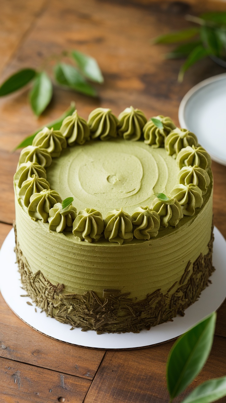 A beautifully decorated matcha green tea cake with green frosting and a textured design.