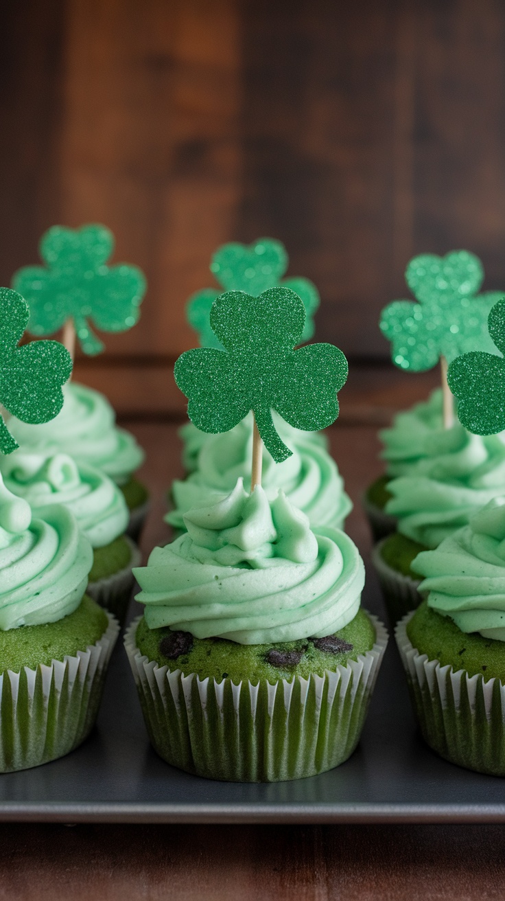 Mint chocolate chip cupcakes with green frosting and shamrock decorations
