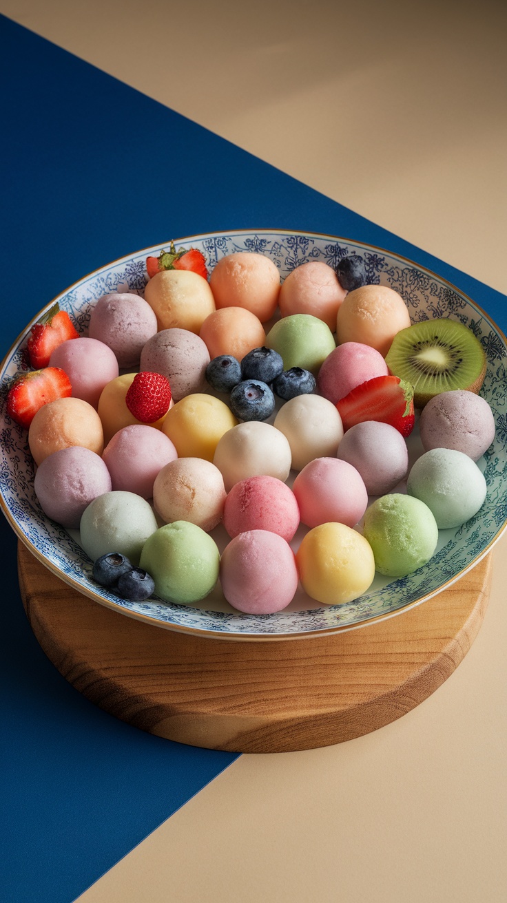 A colorful assortment of mochi ice cream balls on a decorative plate, surrounded by fresh fruits.