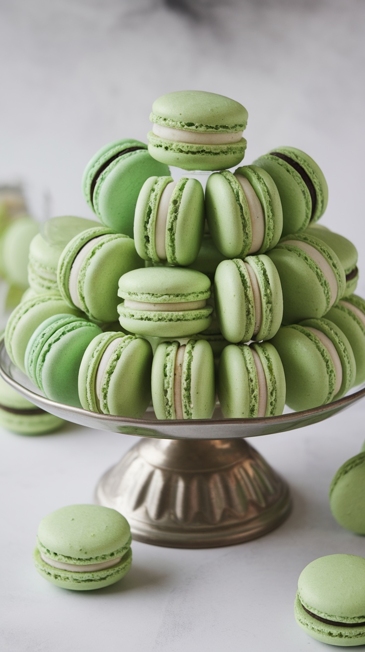 A beautifully arranged tower of green pistachio mint macarons on a silver cake stand.