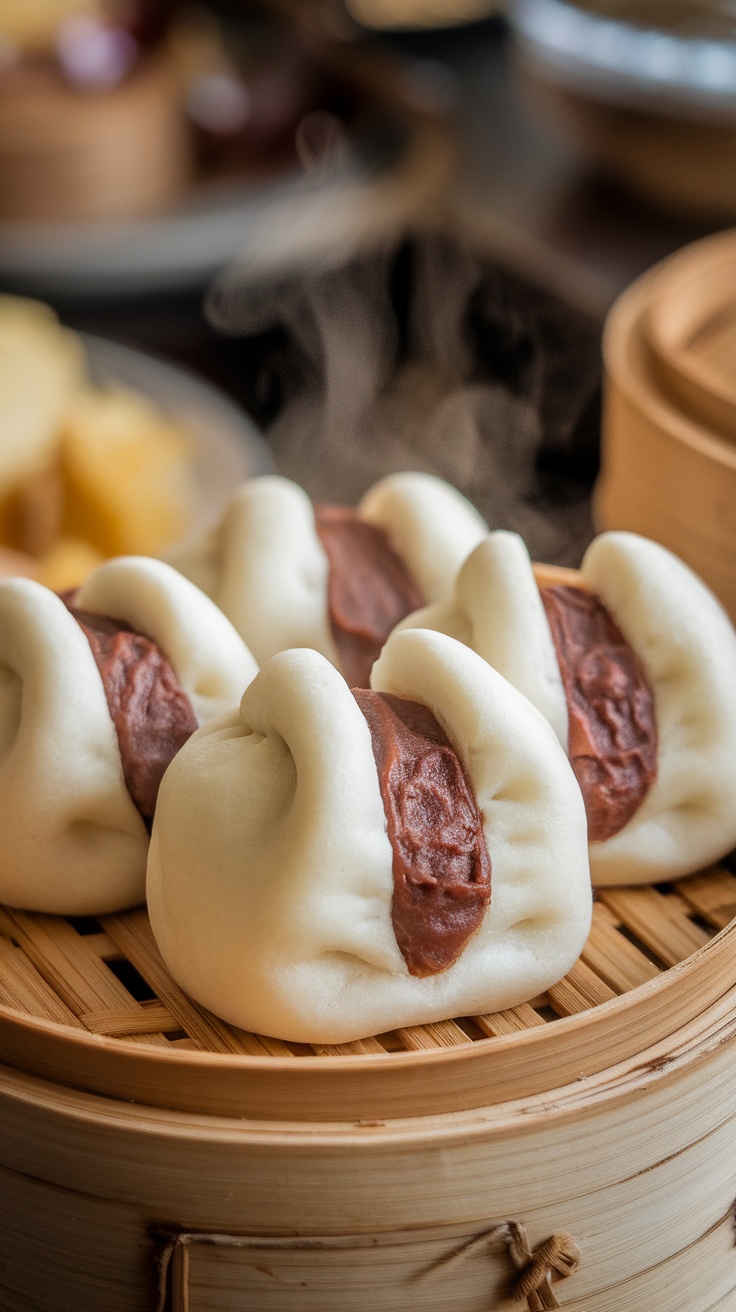 Steamed red bean paste buns in a bamboo steamer