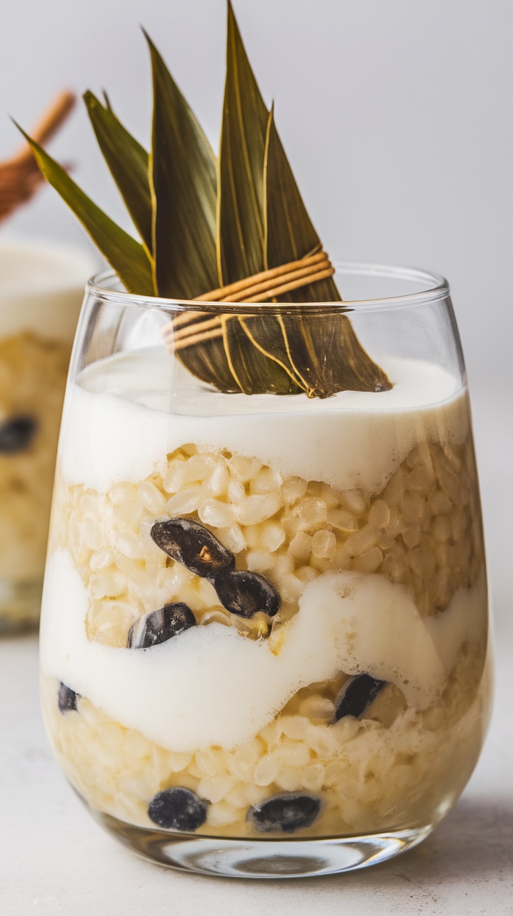 A glass of sago pudding layered with coconut milk and topped with pandan leaves