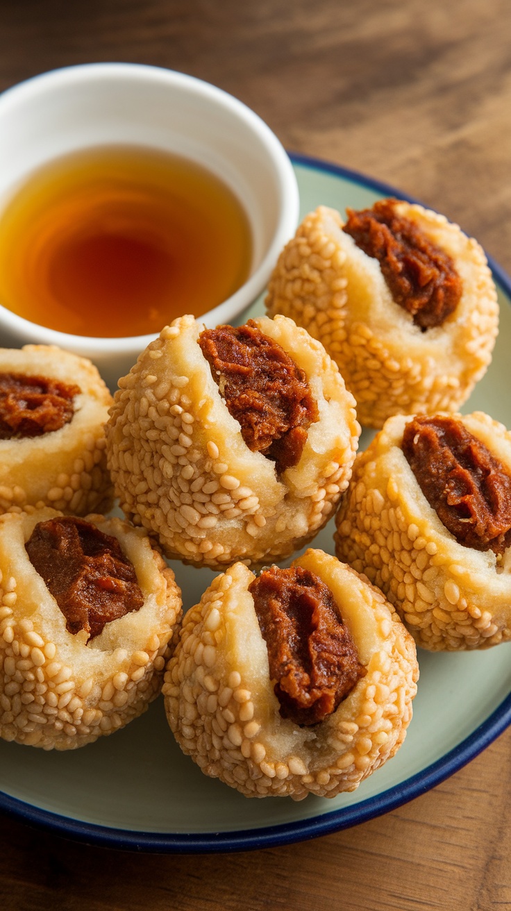 A close-up view of sesame balls filled with sweet paste, served on a plate with a small bowl of dipping sauce.
