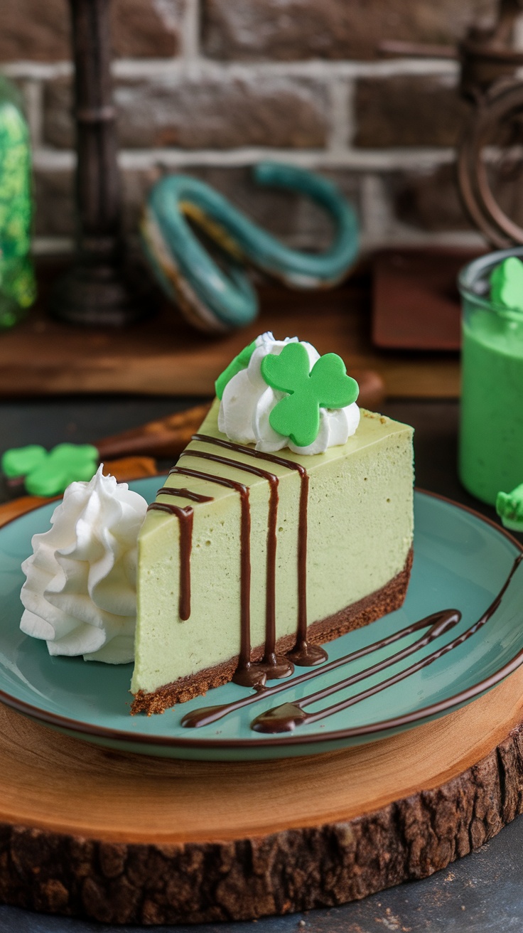 A slice of Shamrock Shake Cheesecake topped with whipped cream and a green shamrock decoration