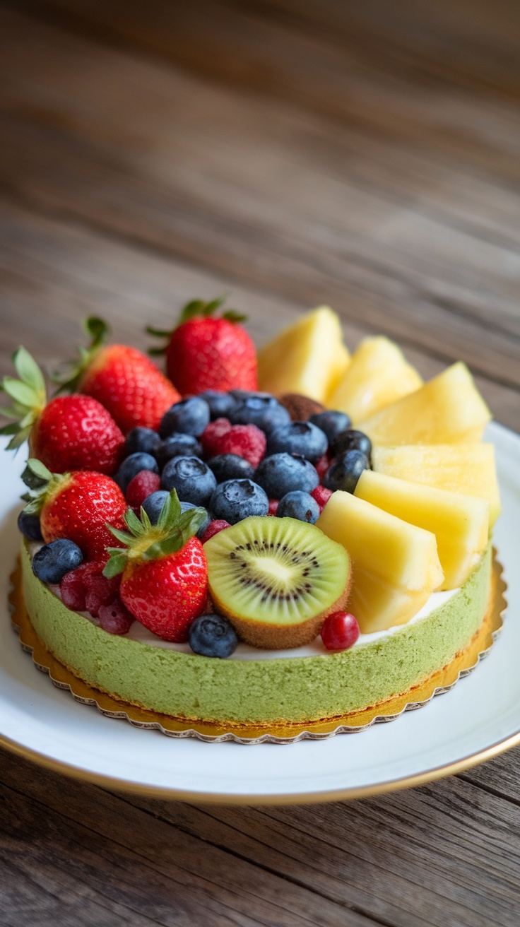 A colorful rainbow fruit tart topped with strawberries, blueberries, kiwi, and pineapple.