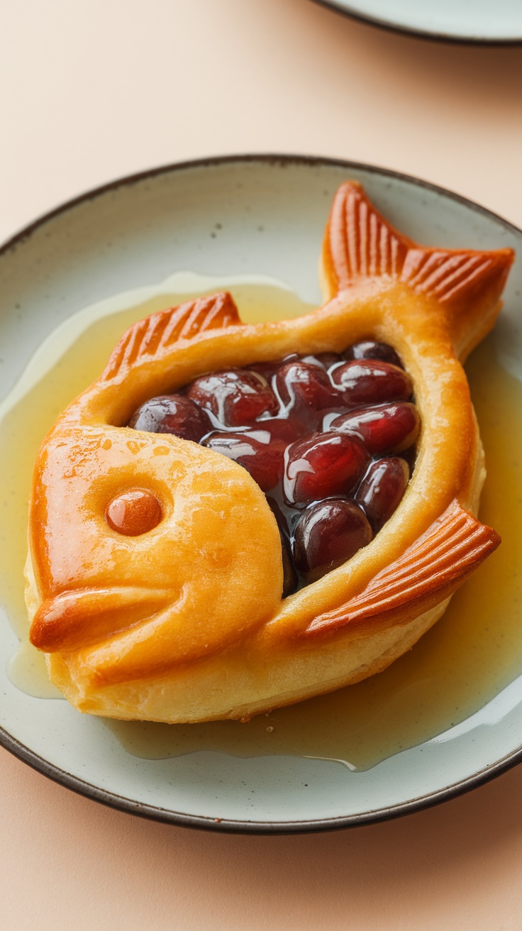 Taiyaki, a fish-shaped dessert filled with sweet red bean paste, served on a plate.
