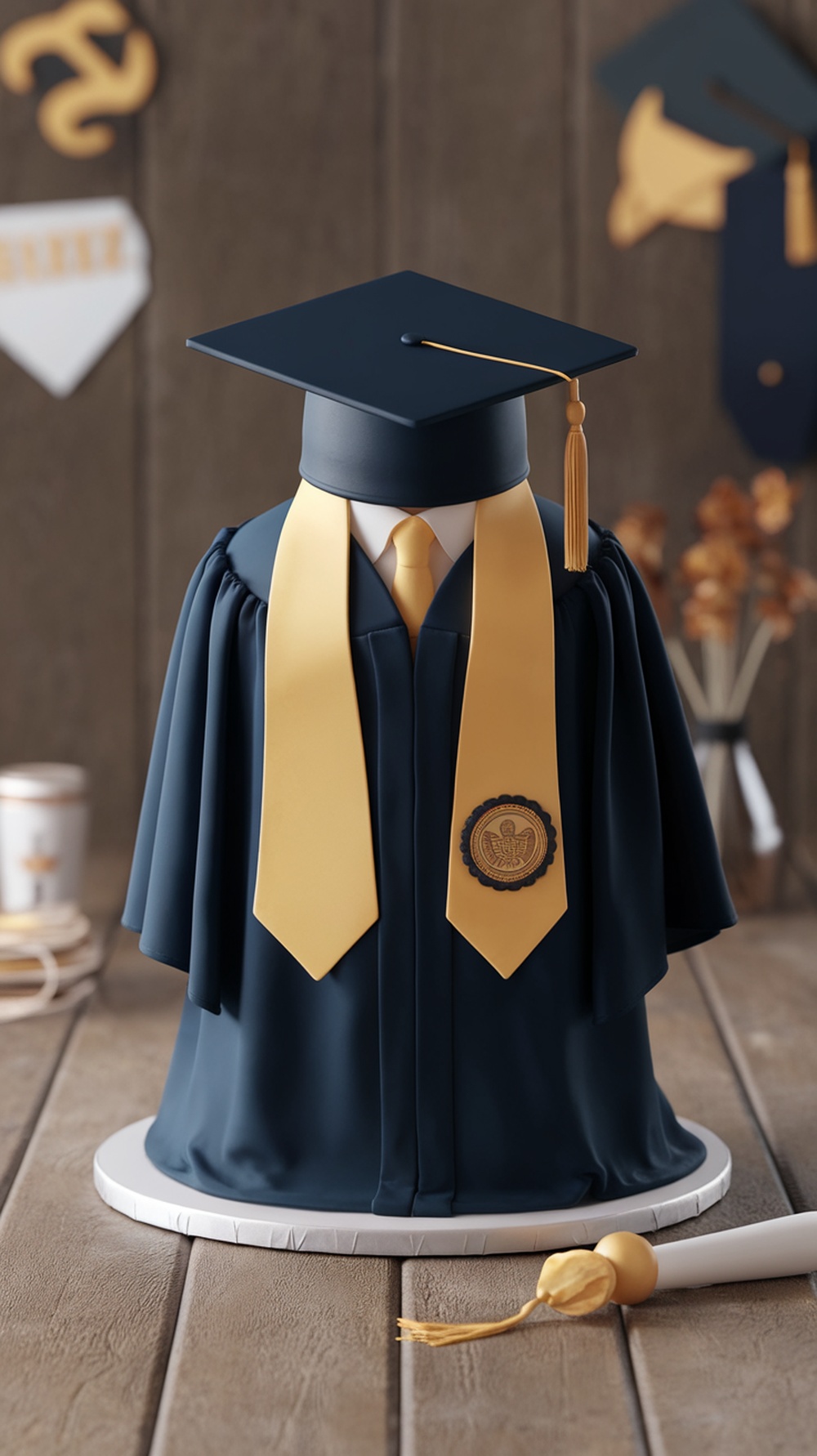 A beautifully crafted 3D graduation gown cake decorated with fondant, featuring a cap and tassel, perfect for graduation celebrations.