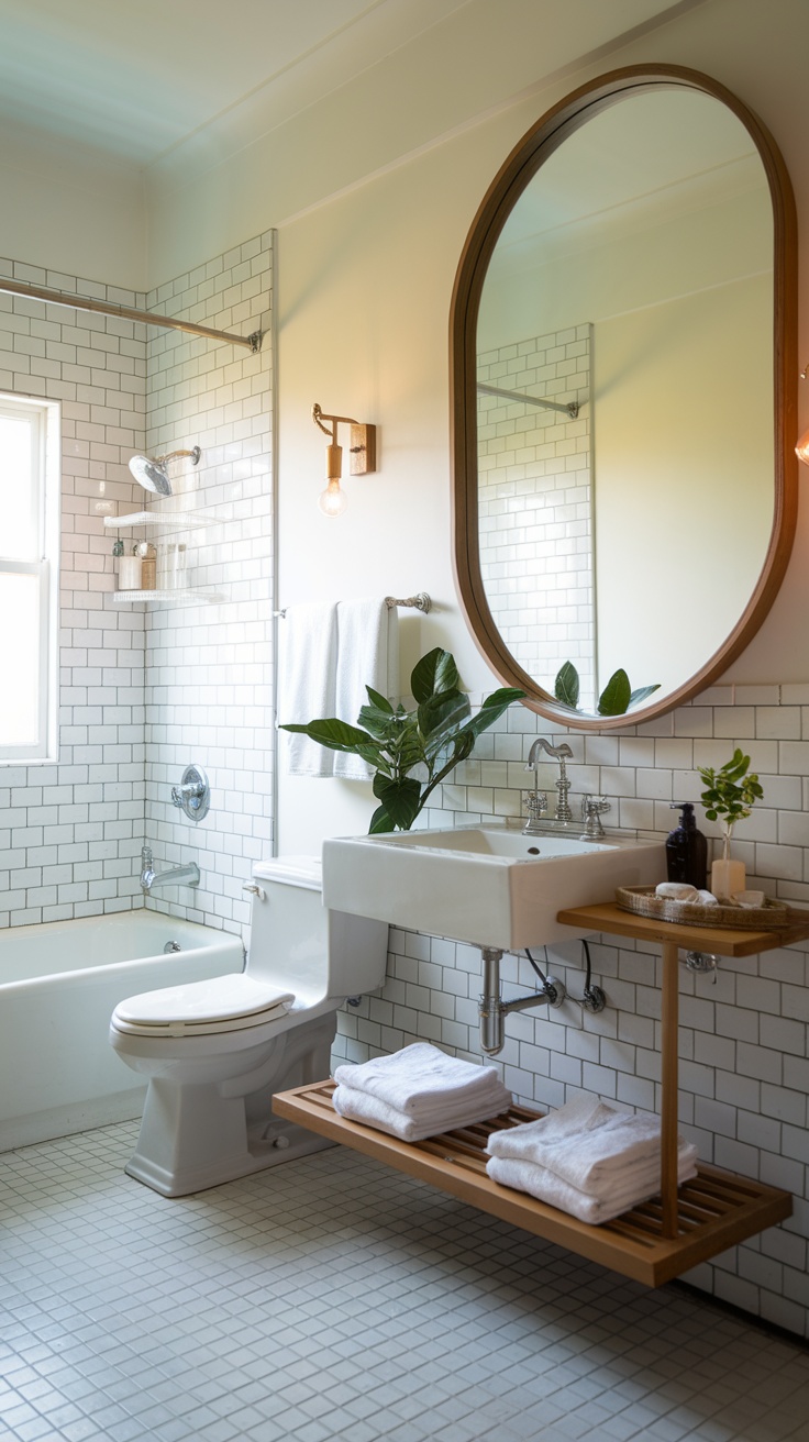 A modern bathroom featuring a large, functional mirror next to a bathtub.