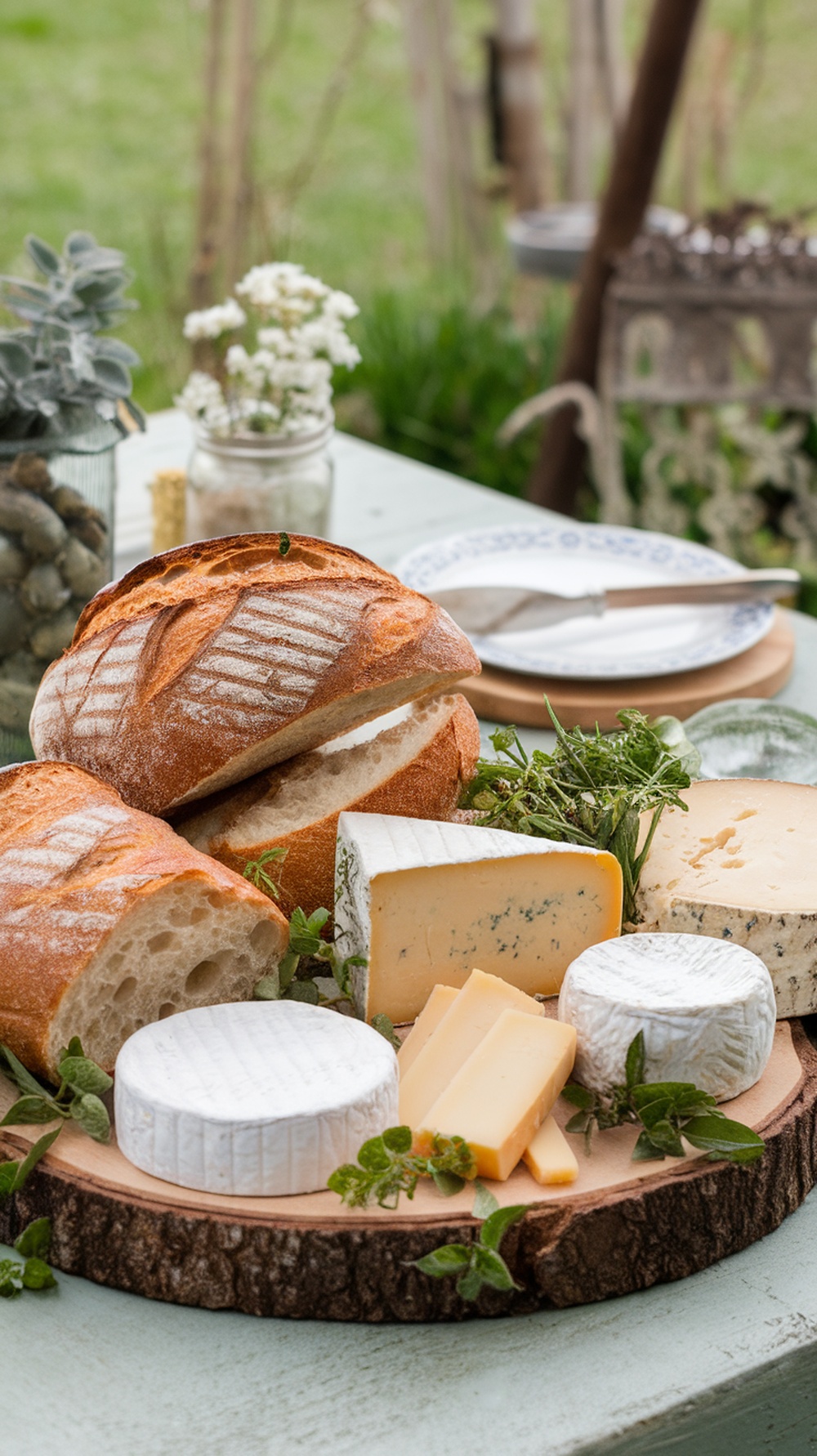 Artisan bread and cheese board with various cheeses and fresh herbs.