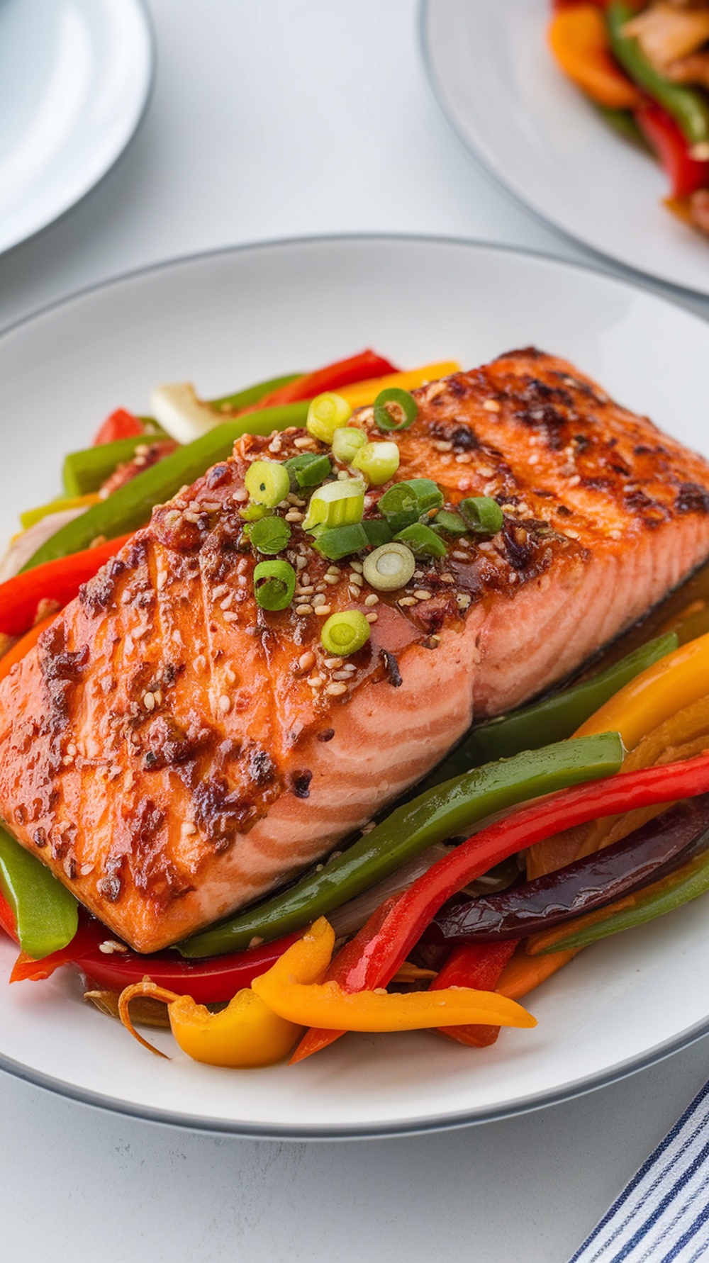A plate of teriyaki salmon with colorful bell peppers and sesame seeds.
