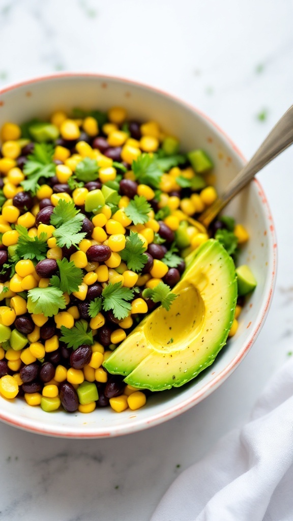 A bowl of avocado and black bean salad with corn and cilantro.