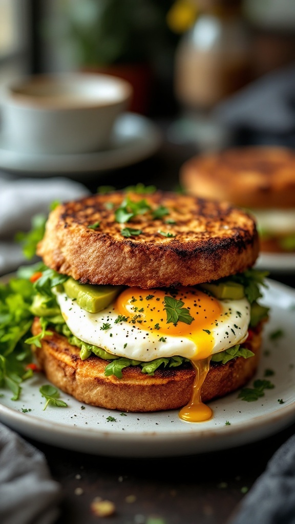 A delicious avocado and egg breakfast sandwich with a runny yolk, served on a plate
