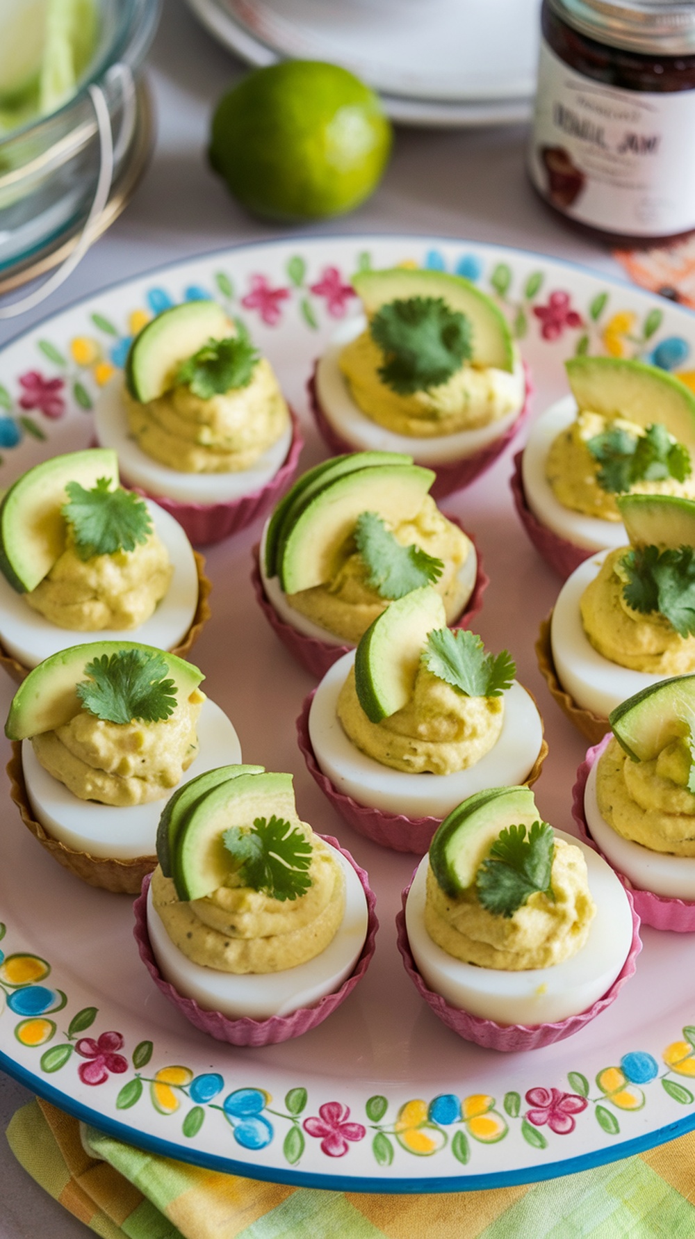 Avocado and Lime Deviled Eggs on a colorful plate