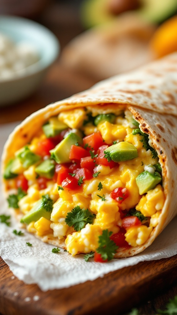 An avocado breakfast burrito filled with scrambled eggs, diced tomatoes, and fresh cilantro.