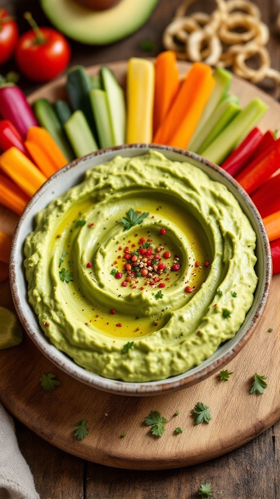 A bowl of creamy avocado hummus surrounded by colorful sliced vegetables on a wooden platter.