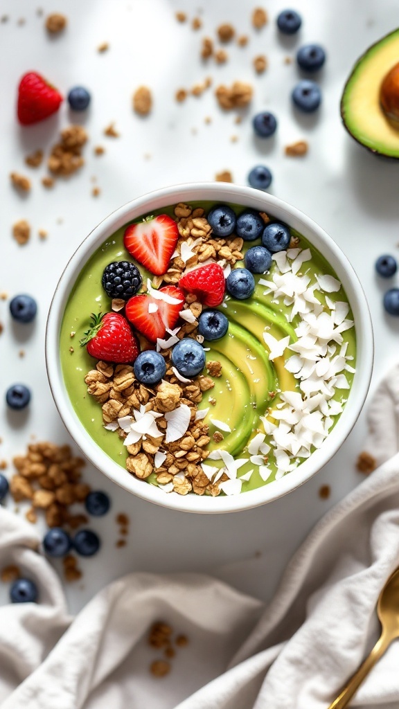 A colorful avocado smoothie bowl topped with granola, strawberries, blueberries, blackberries, and coconut flakes.