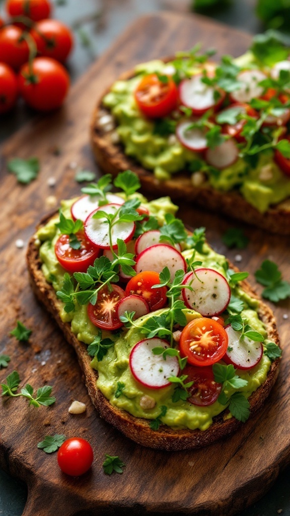 Avocado toast topped with cherry tomatoes, radishes, and herbs on a wooden board.