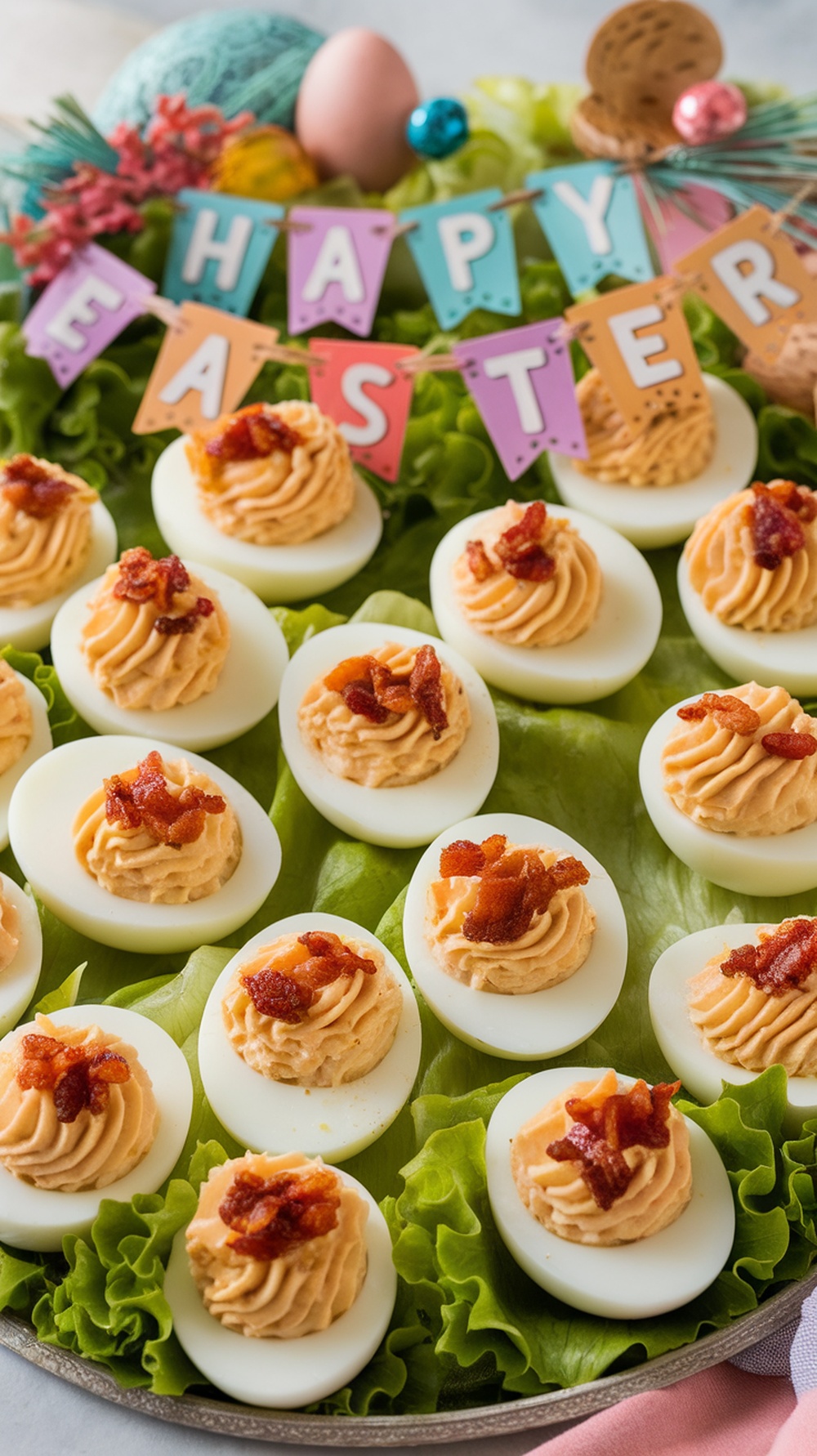 Delicious bacon and cheddar deviled eggs with crispy bacon on top