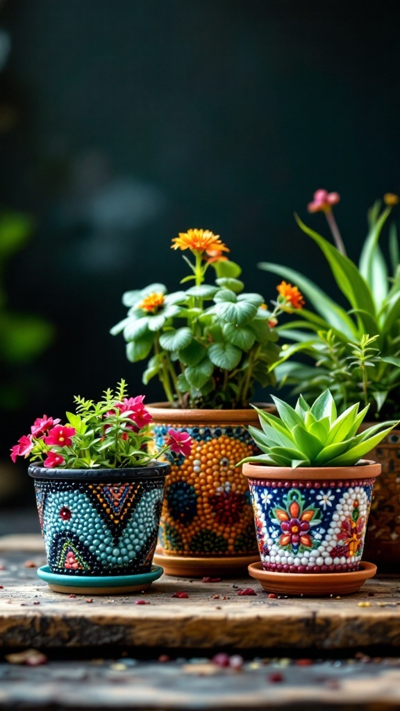 Colorful beaded flower pots with various plants arranged on a wooden surface.