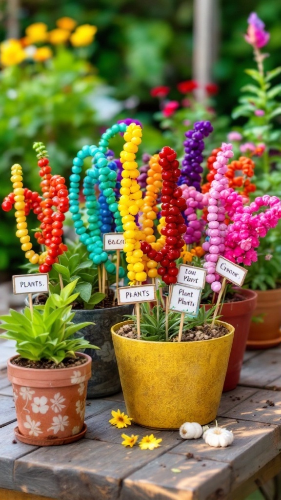 Colorful beaded plant markers in a garden setting with various plants.