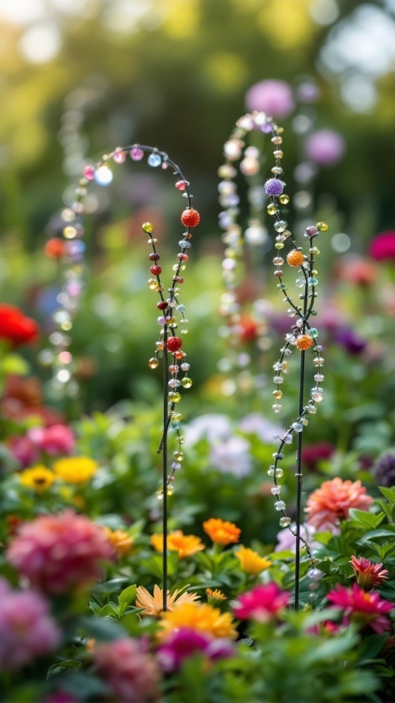 Colorful beaded plant stakes in a garden filled with various flowers