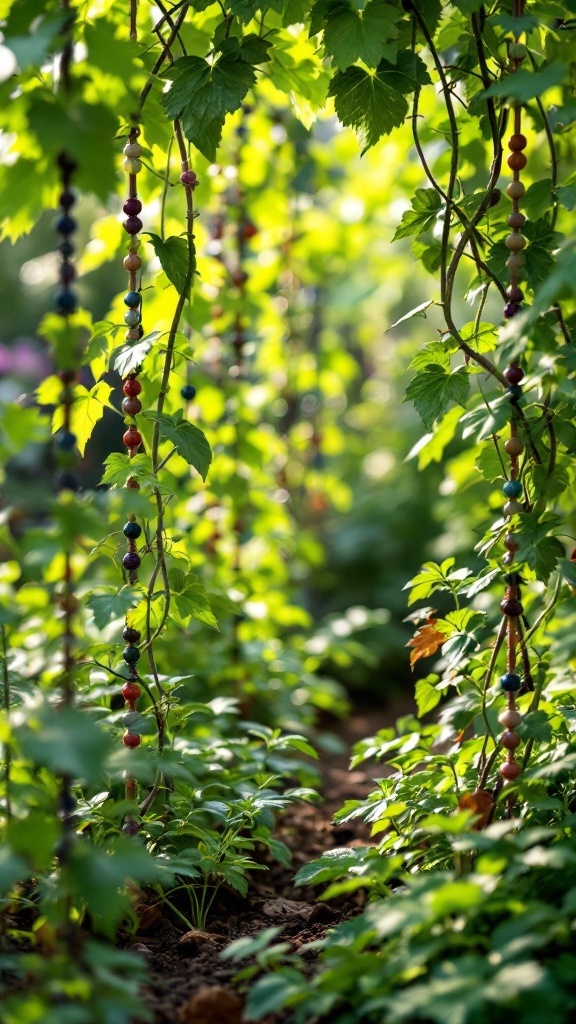 Colorful beaded plant supports intertwined with lush green climbing vines