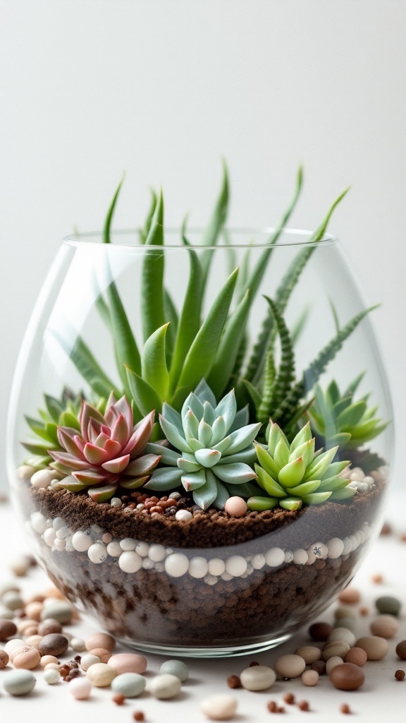 A beautiful beaded succulent terrarium featuring various succulent plants and decorative beads.